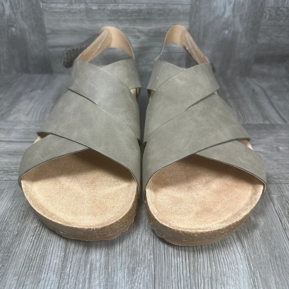 Dr. Scholls Luna Sandals Women 8 Olive Green Cork Wedge Slingback NEW